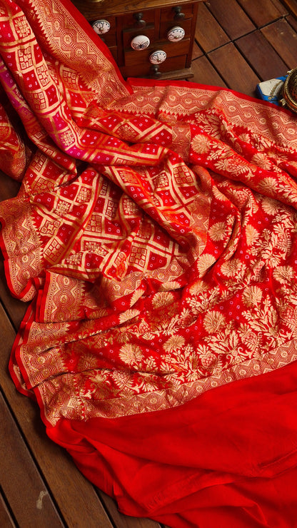 Zynah Banarasi Khaddi Georgette Saree with Bandhani Prints & Double-shade; Custom Stitched/Ready-made Blouse, Fall, Petticoat; Shipping available USA, Worldwide