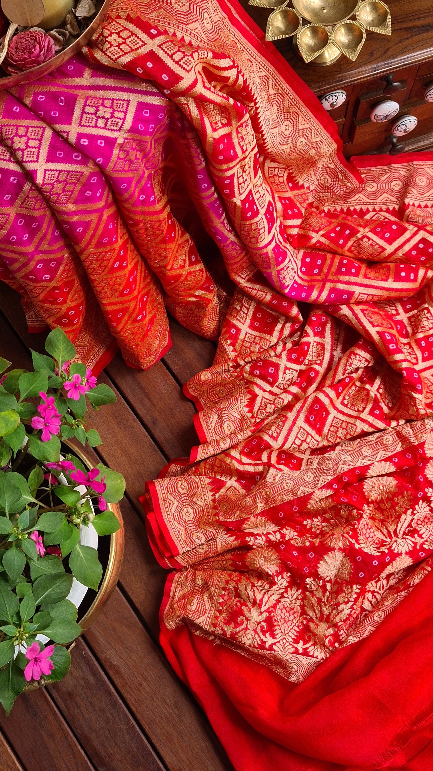 Zynah Banarasi Khaddi Georgette Saree with Bandhani Prints & Double-shade; Custom Stitched/Ready-made Blouse, Fall, Petticoat; Shipping available USA, Worldwide