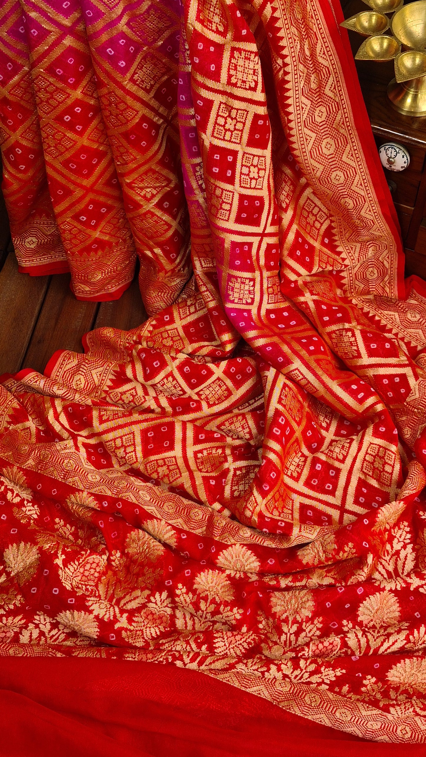 Zynah Banarasi Khaddi Georgette Saree with Bandhani Prints & Double-shade; Custom Stitched/Ready-made Blouse, Fall, Petticoat; Shipping available USA, Worldwide