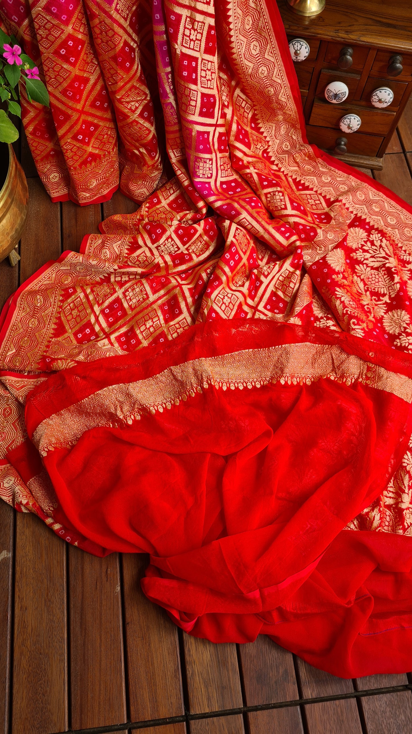 Zynah Banarasi Khaddi Georgette Saree with Bandhani Prints & Double-shade; Custom Stitched/Ready-made Blouse, Fall, Petticoat; Shipping available USA, Worldwide