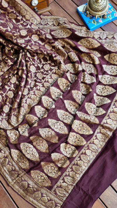 Zynah Pure Banarasi Khaddi Georgette Saree with Kadhwa Weaving; Custom Stitched/Ready-made Blouse, Fall, Petticoat; Shipping available USA, Worldwide