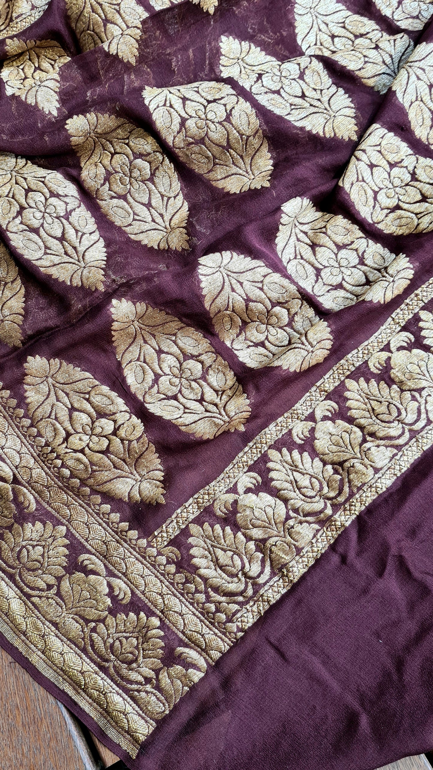 Zynah Pure Banarasi Khaddi Georgette Saree with Kadhwa Weaving; Custom Stitched/Ready-made Blouse, Fall, Petticoat; Shipping available USA, Worldwide