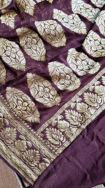 Zynah Pure Banarasi Khaddi Georgette Saree with Kadhwa Weaving; Custom Stitched/Ready-made Blouse, Fall, Petticoat; Shipping available USA, Worldwide
