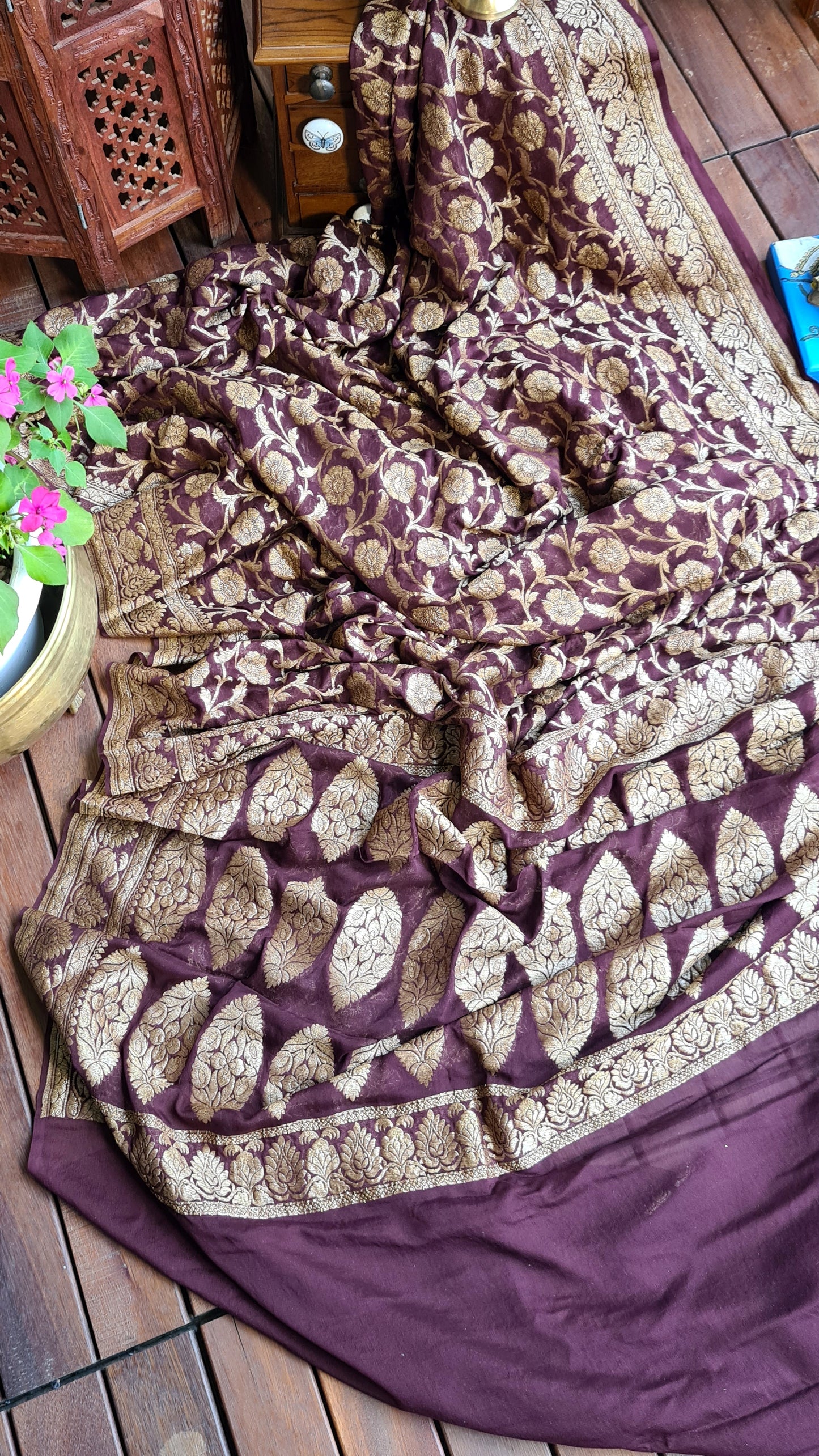 Zynah Pure Banarasi Khaddi Georgette Saree with Kadhwa Weaving; Custom Stitched/Ready-made Blouse, Fall, Petticoat; Shipping available USA, Worldwide