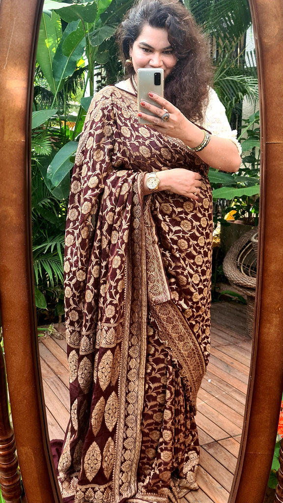 Zynah Pure Banarasi Khaddi Georgette Saree with Kadhwa Weaving; Custom Stitched/Ready-made Blouse, Fall, Petticoat; Shipping available USA, Worldwide