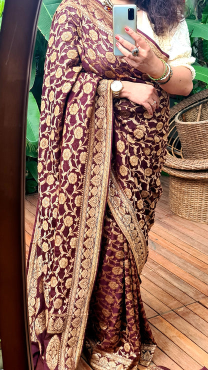 Zynah Pure Banarasi Khaddi Georgette Saree with Kadhwa Weaving; Custom Stitched/Ready-made Blouse, Fall, Petticoat; Shipping available USA, Worldwide