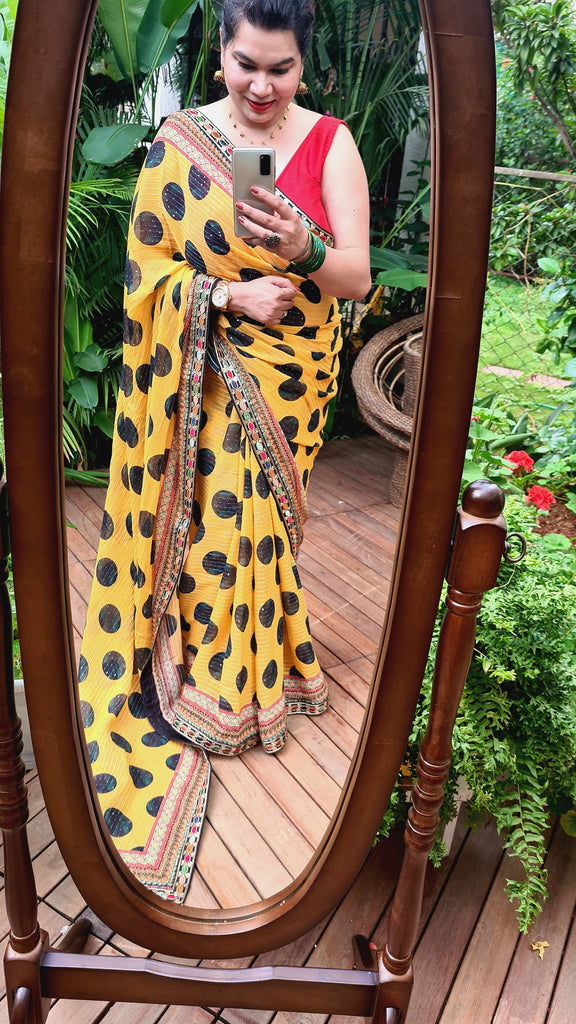 Zynah Pure Georgette Saree with Digital Prints, Sequence & Handcrafted Lace; Custom Stitched/Ready-made Blouse, Fall, Petticoat; Shipping available USA, Worldwide