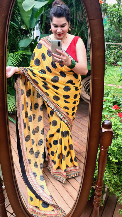 Zynah Pure Georgette Saree with Digital Prints, Sequence & Handcrafted Lace; Custom Stitched/Ready-made Blouse, Fall, Petticoat; Shipping available USA, Worldwide