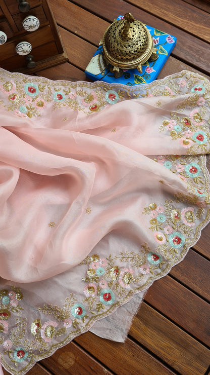 Zynah Pure Organza Silk Saree with Sequence, Beads & Cutdana Work; Custom Stitched/Ready-made Blouse, Fall, Petticoat; Shipping available USA, Worldwide