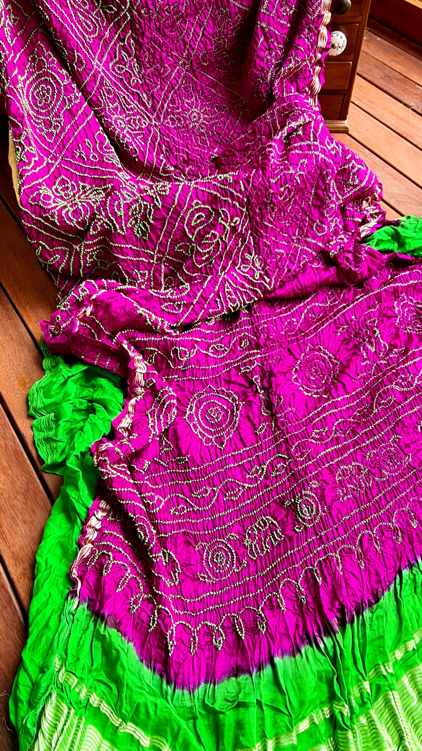 Zynah Pure Gajji Silk Designer Bandhani Saree with Tissue Zari Pallu; Custom Stitched/Ready-made Blouse, Fall, Petticoat; Shipping available USA, Worldwide