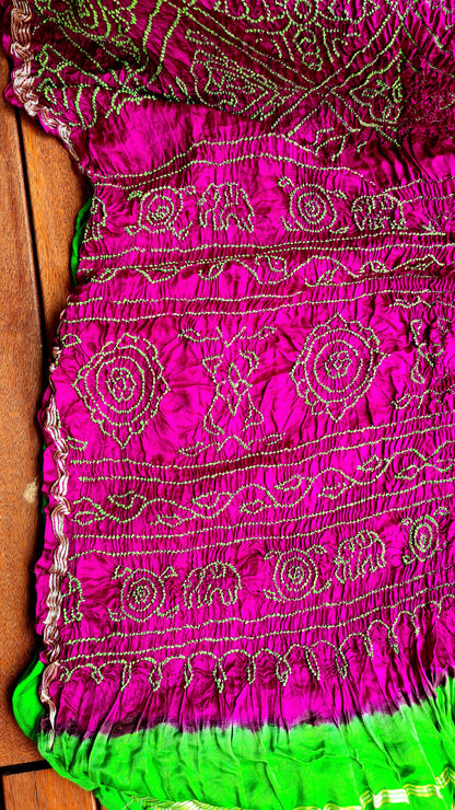 Zynah Pure Gajji Silk Designer Bandhani Saree with Tissue Zari Pallu; Custom Stitched/Ready-made Blouse, Fall, Petticoat; Shipping available USA, Worldwide