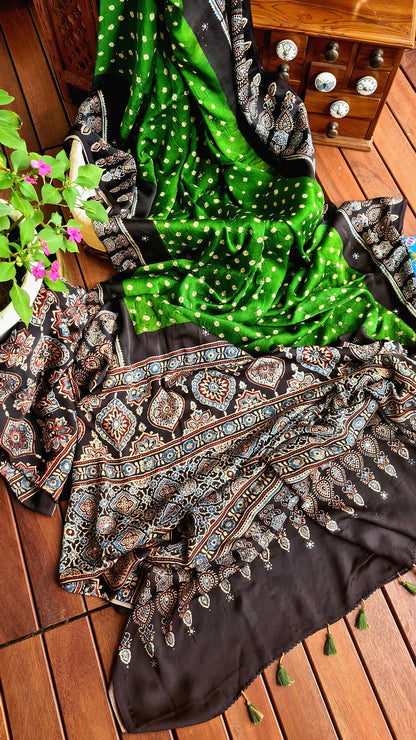 Zynah Pure Modal Satin Ajrakh Bandhani Printed Saree; Custom Stitched/Ready-made Blouse, Fall, Petticoat; Shipping available USA, Worldwide