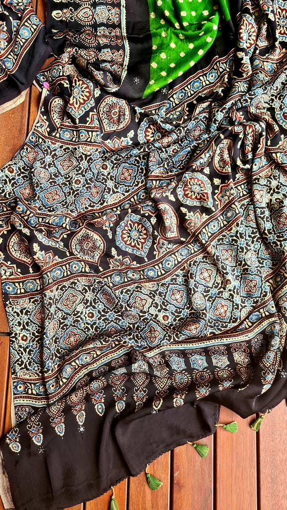 Zynah Pure Modal Satin Ajrakh Bandhani Printed Saree; Custom Stitched/Ready-made Blouse, Fall, Petticoat; Shipping available USA, Worldwide