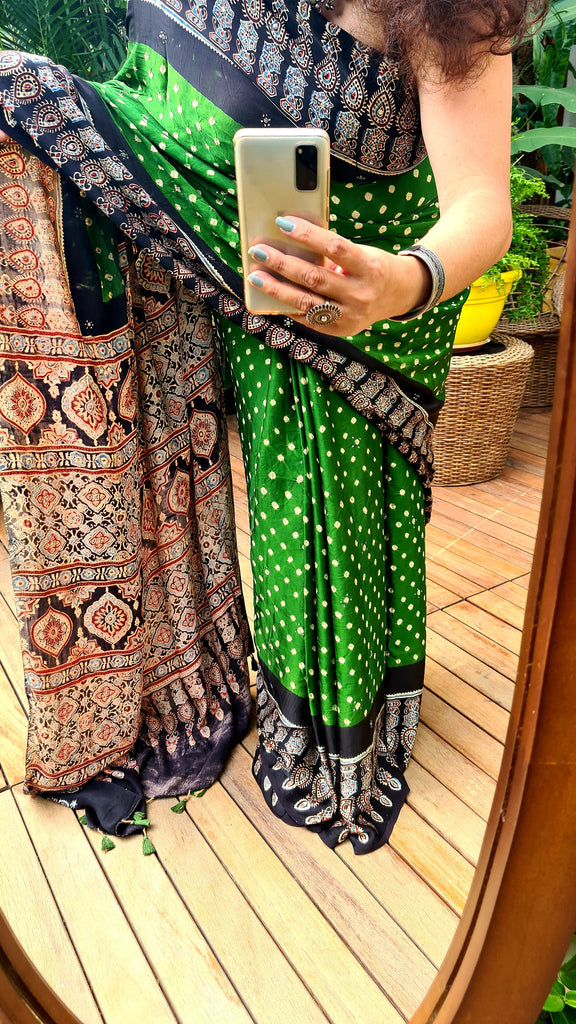 Zynah Pure Modal Satin Ajrakh Bandhani Printed Saree; Custom Stitched/Ready-made Blouse, Fall, Petticoat; Shipping available USA, Worldwide