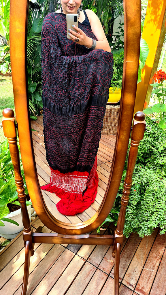 Zynah Pure Gajji Silk Designer Half & Half Bandhani Saree with Tissue Zari Pallu; Custom Stitched/Ready-made Blouse, Fall, Petticoat; Shipping available USA, Worldwide