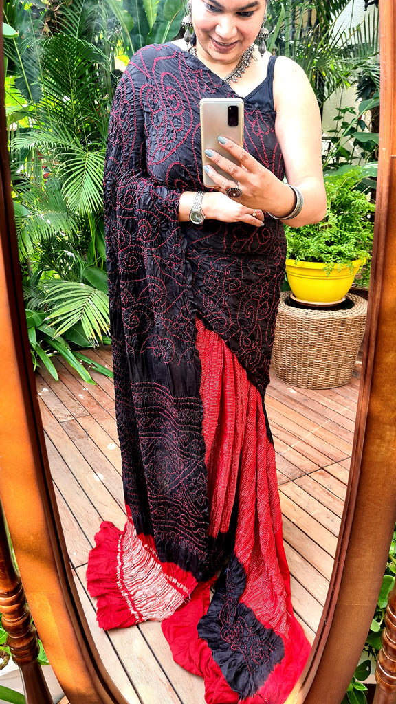 Zynah Pure Gajji Silk Designer Half & Half Bandhani Saree with Tissue Zari Pallu; Custom Stitched/Ready-made Blouse, Fall, Petticoat; Shipping available USA, Worldwide