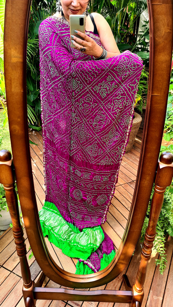 Zynah Pure Gajji Silk Designer Bandhani Saree with Tissue Zari Pallu; Custom Stitched/Ready-made Blouse, Fall, Petticoat; Shipping available USA, Worldwide