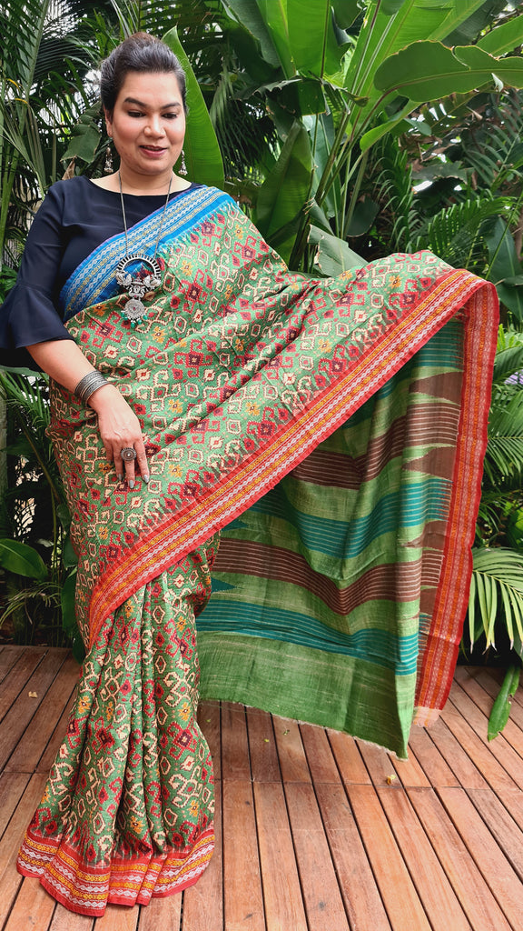 Zynah Handwoven Pure Vidarbha Tussar Silk Karvati Kinar Saree with Ganga & Jamuna Border; Custom Stitched/Ready-made Blouse, Fall, Petticoat; Shipping available USA, Worldwide