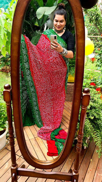 Zynah Pure Gajji Silk Designer Bandhani Saree with Tissue Zari Pallu; Custom Stitched/Ready-made Blouse, Fall, Petticoat; Shipping available USA, Worldwide