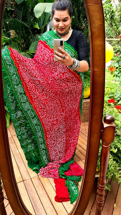 Zynah Pure Gajji Silk Designer Bandhani Saree with Tissue Zari Pallu; Custom Stitched/Ready-made Blouse, Fall, Petticoat; Shipping available USA, Worldwide