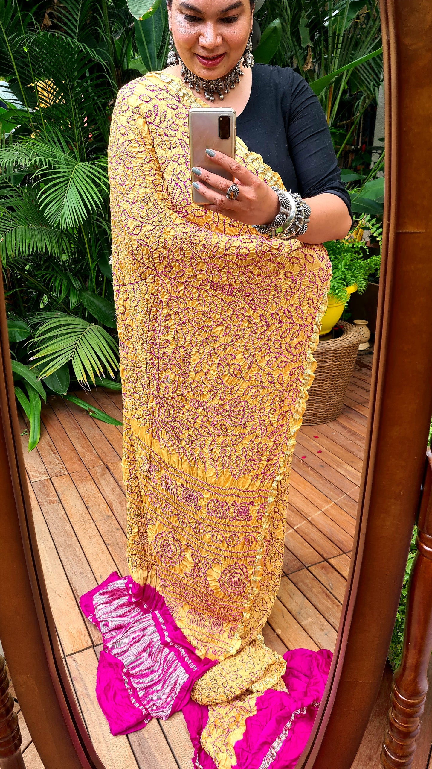Zynah Pure Gajji Silk Designer Bandhani Saree with Zari Border & Pallu; Custom Stitched/Ready-made Blouse, Fall, Petticoat; Shipping available USA, Worldwide