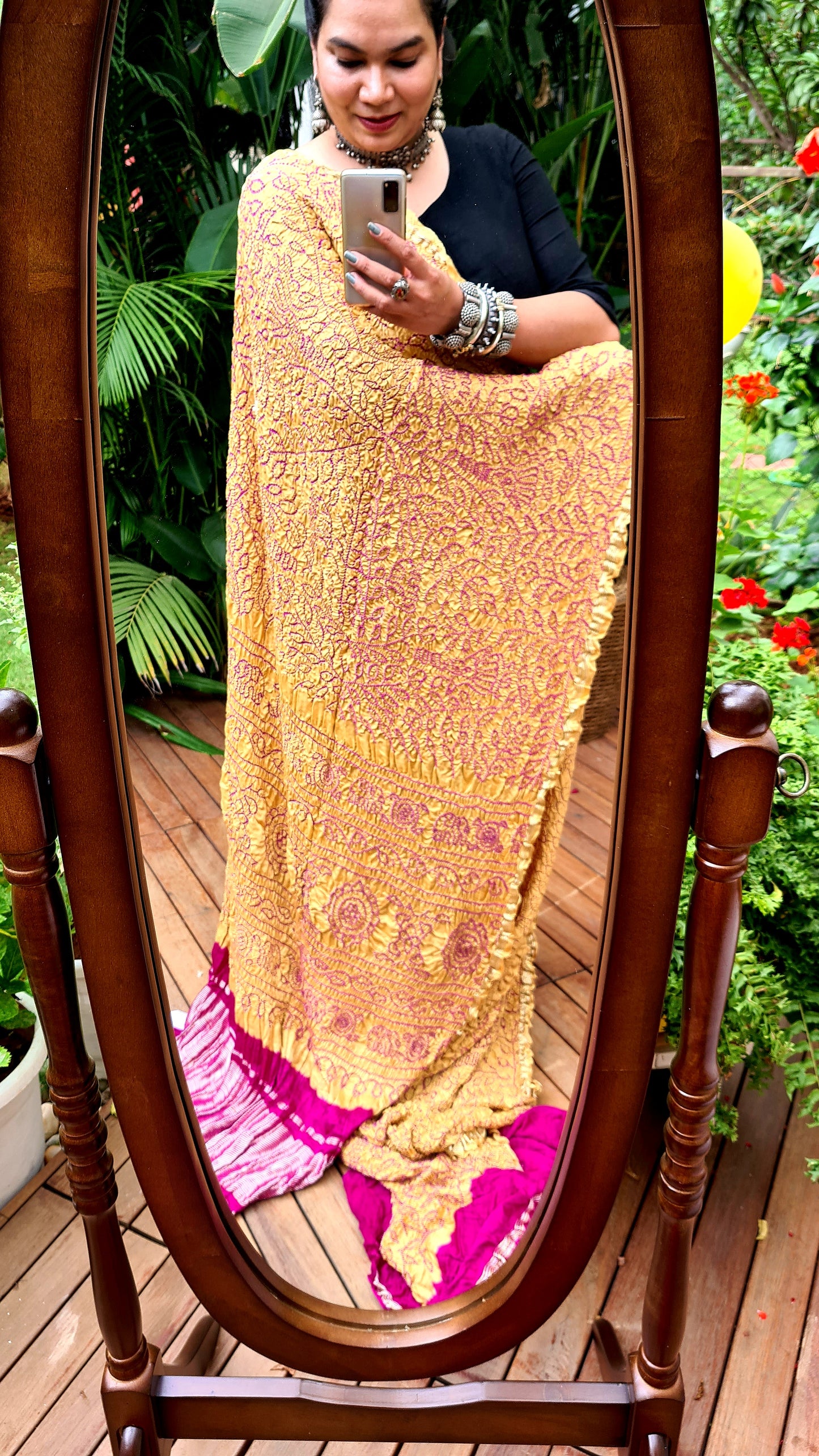 Zynah Pure Gajji Silk Designer Bandhani Saree with Zari Border & Pallu; Custom Stitched/Ready-made Blouse, Fall, Petticoat; Shipping available USA, Worldwide