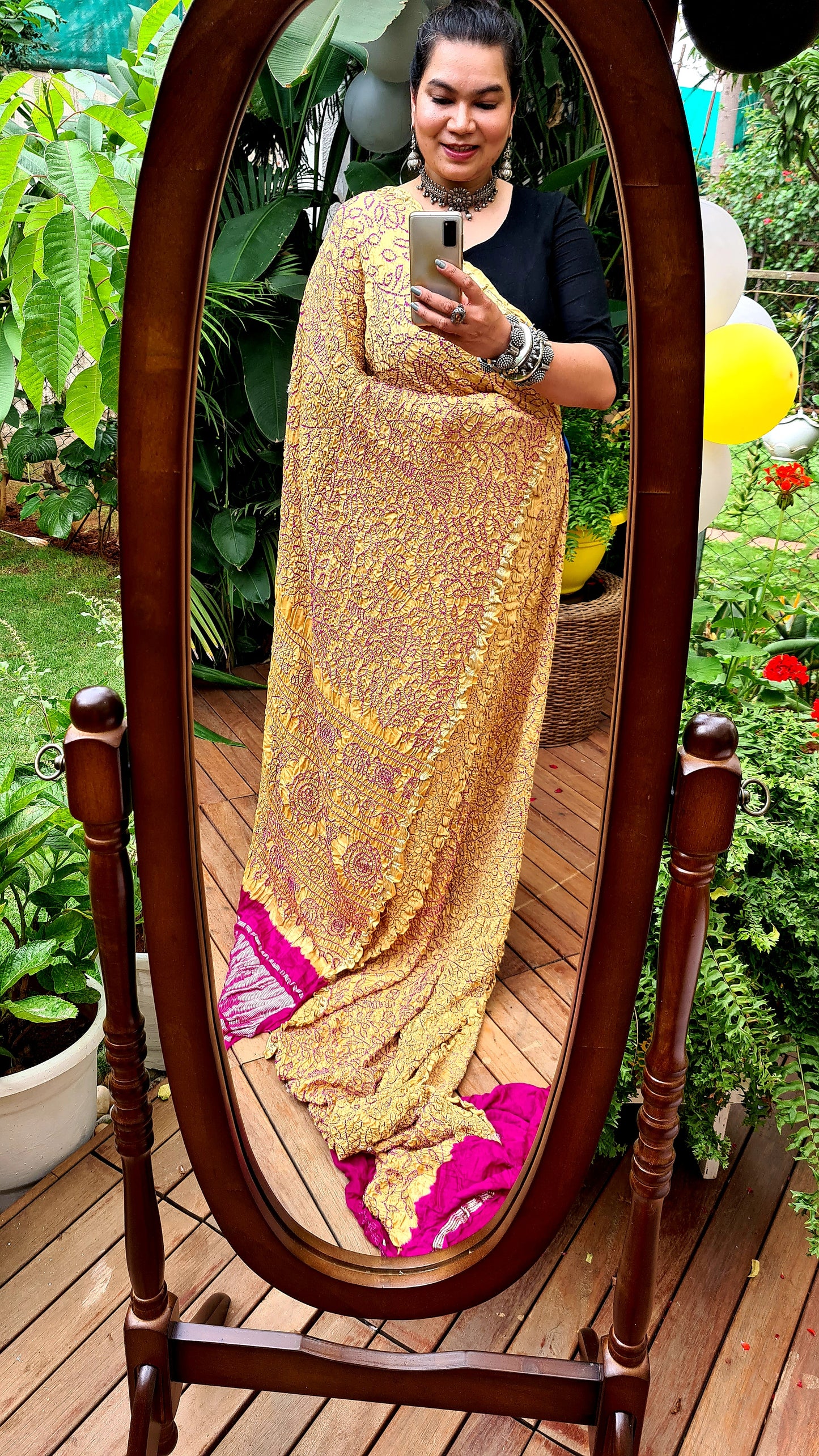 Zynah Pure Gajji Silk Designer Bandhani Saree with Zari Border & Pallu; Custom Stitched/Ready-made Blouse, Fall, Petticoat; Shipping available USA, Worldwide
