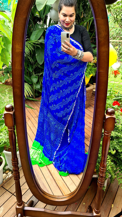Zynah Pure Gajji Silk Designer Bandhani Saree with Zari Border & Pallu; Custom Stitched/Ready-made Blouse, Fall, Petticoat; Shipping available USA, Worldwide