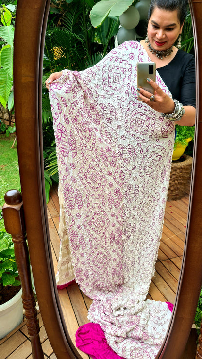Zynah Pure Gajji Silk Designer Bandhani Saree with Zari Border & Pallu; Custom Stitched/Ready-made Blouse, Fall, Petticoat; Shipping available USA, Worldwide