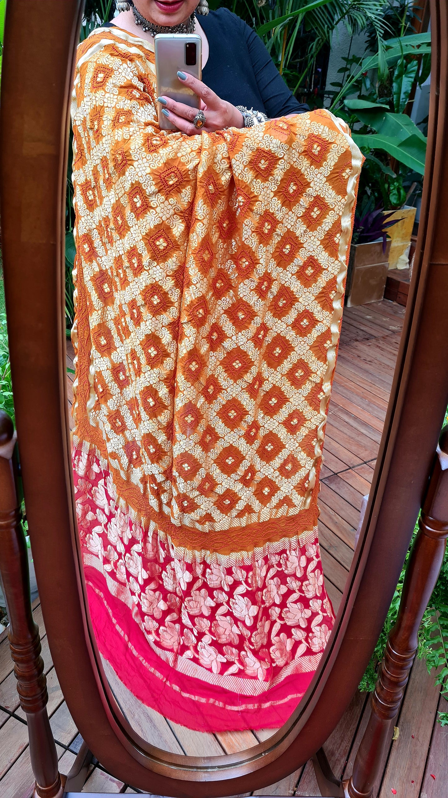 Zynah Pure Georgette Designer Bandhani Saree with Gharchola & Zari Weave; Custom Stitched/Ready-made Blouse, Fall, Petticoat; Shipping available USA, Worldwide