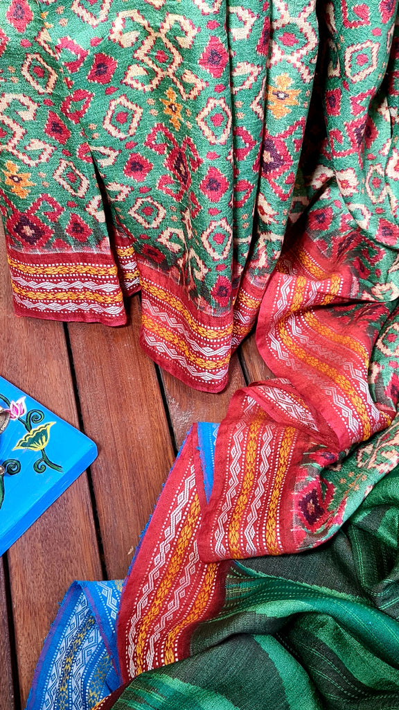 Zynah Handwoven Pure Vidarbha Tussar Silk Karvati Kinar Saree with Ganga & Jamuna Border; Custom Stitched/Ready-made Blouse, Fall, Petticoat; Shipping available USA, Worldwide