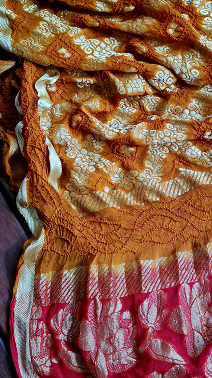 Zynah Pure Georgette Designer Bandhani Saree with Gharchola & Zari Weave; Custom Stitched/Ready-made Blouse, Fall, Petticoat; Shipping available USA, Worldwide