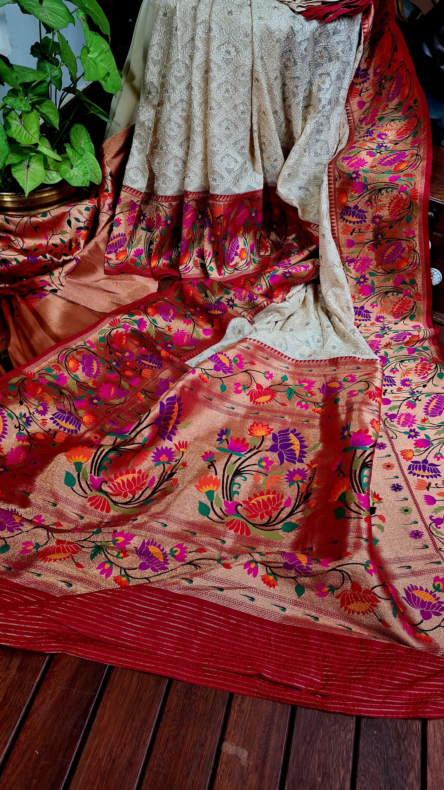 Zynah Off-white Color Banarasi Khaddi Georgette Saree with Chikankari Work & Paithani Weave; Custom Stitched/Ready-made Blouse, Fall, Petticoat; Shipping available USA, Worldwide