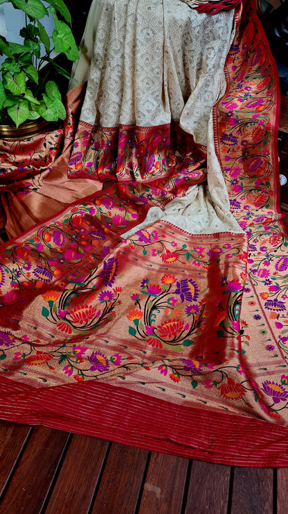 Zynah Off-white Color Banarasi Khaddi Georgette Saree with Chikankari Work & Paithani Weave; Custom Stitched/Ready-made Blouse, Fall, Petticoat; Shipping available USA, Worldwide