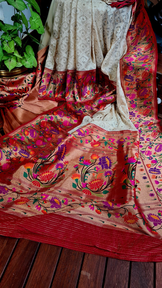 Zynah Off-white Color Banarasi Khaddi Georgette Saree with Chikankari Work & Paithani Weave; Custom Stitched/Ready-made Blouse, Fall, Petticoat; Shipping available USA, Worldwide