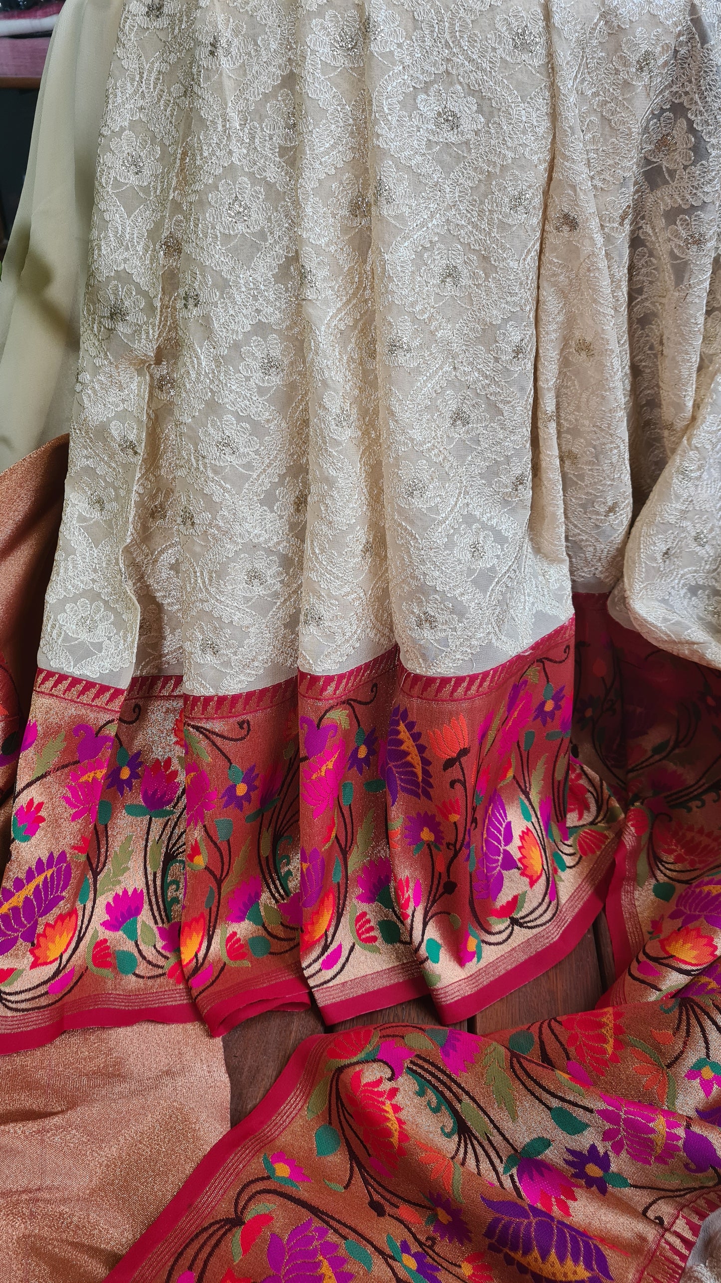 Zynah Off-white Color Banarasi Khaddi Georgette Saree with Chikankari Work & Paithani Weave; Custom Stitched/Ready-made Blouse, Fall, Petticoat; Shipping available USA, Worldwide
