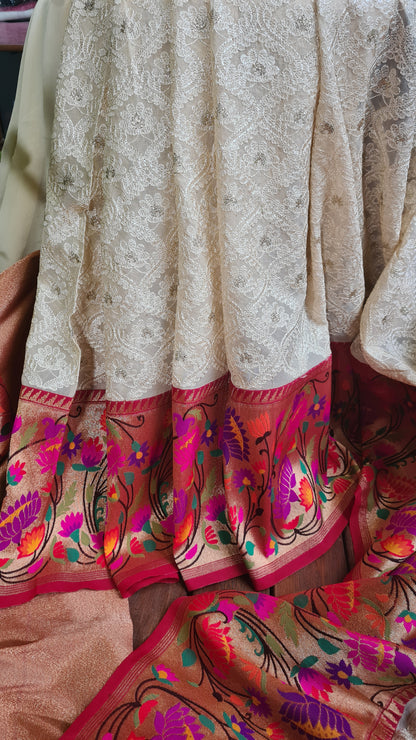 Zynah Off-white Color Banarasi Khaddi Georgette Saree with Chikankari Work & Paithani Weave; Custom Stitched/Ready-made Blouse, Fall, Petticoat; Shipping available USA, Worldwide