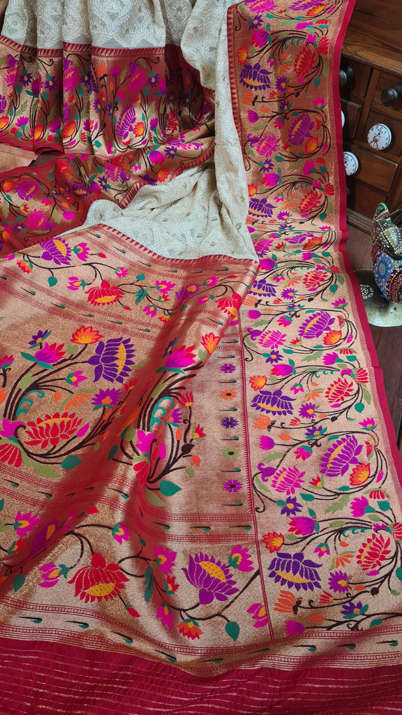 Zynah Off-white Color Banarasi Khaddi Georgette Saree with Chikankari Work & Paithani Weave; Custom Stitched/Ready-made Blouse, Fall, Petticoat; Shipping available USA, Worldwide