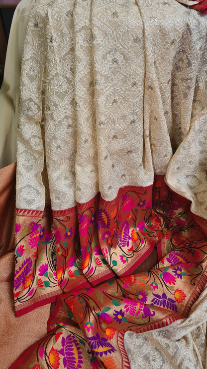 Zynah Off-white Color Banarasi Khaddi Georgette Saree with Chikankari Work & Paithani Weave; Custom Stitched/Ready-made Blouse, Fall, Petticoat; Shipping available USA, Worldwide