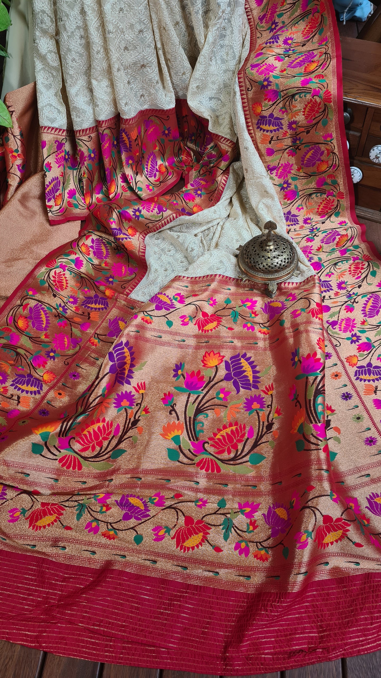 Zynah Off-white Color Banarasi Khaddi Georgette Saree with Chikankari Work & Paithani Weave; Custom Stitched/Ready-made Blouse, Fall, Petticoat; Shipping available USA, Worldwide