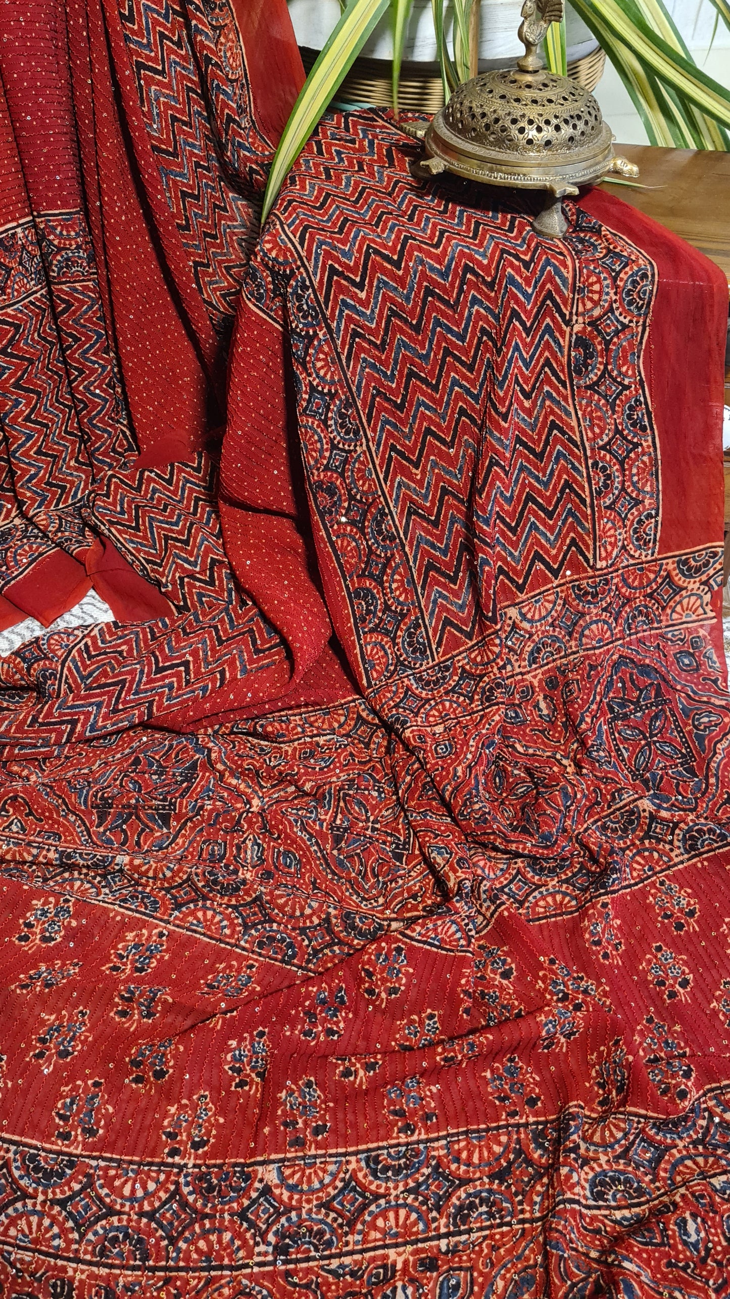 Zynah Madder Red Color Pure Georgette Sequence Work Saree with Ajrakh Handblock Prints; Custom Stitched/Ready-made Blouse, Fall, Petticoat; Shipping available USA, Worldwide