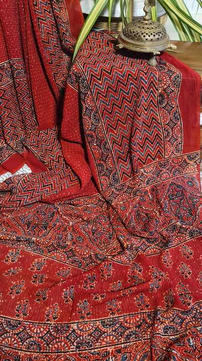 Zynah Madder Red Color Pure Georgette Sequence Work Saree with Ajrakh Handblock Prints; Custom Stitched/Ready-made Blouse, Fall, Petticoat; Shipping available USA, Worldwide