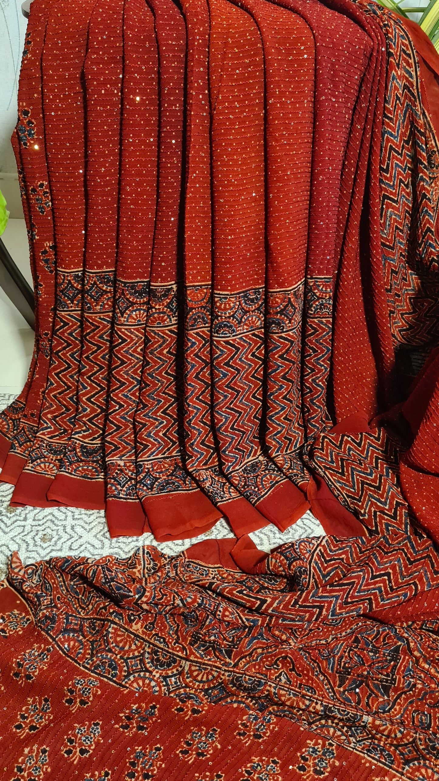 Zynah Madder Red Color Pure Georgette Sequence Work Saree with Ajrakh Handblock Prints; Custom Stitched/Ready-made Blouse, Fall, Petticoat; Shipping available USA, Worldwide
