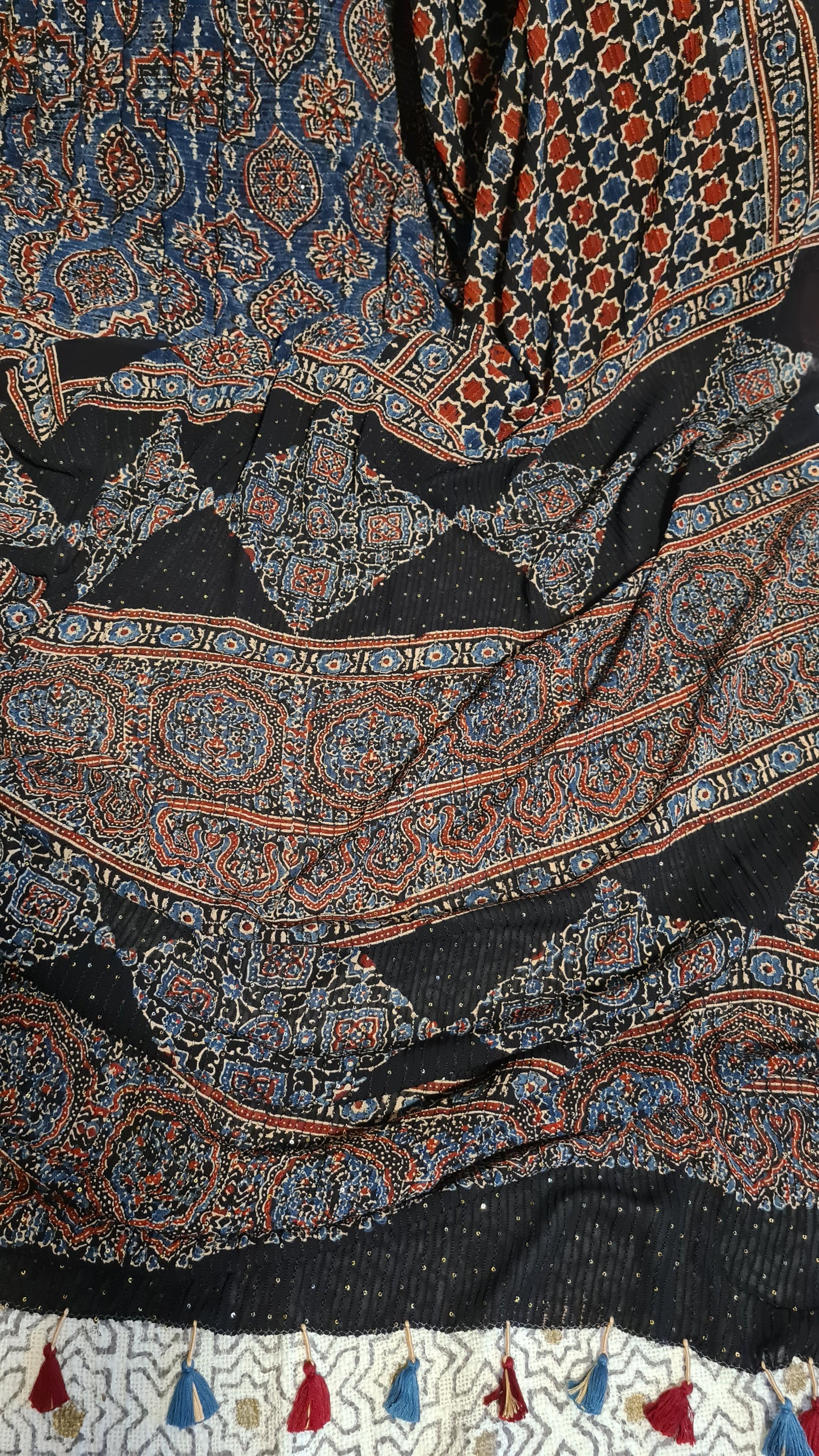 Zynah Black Color Pure Georgette Sequence Work Saree with Ajrakh Handblock Prints; Custom Stitched/Ready-made Blouse, Fall, Petticoat; Shipping available USA, Worldwide