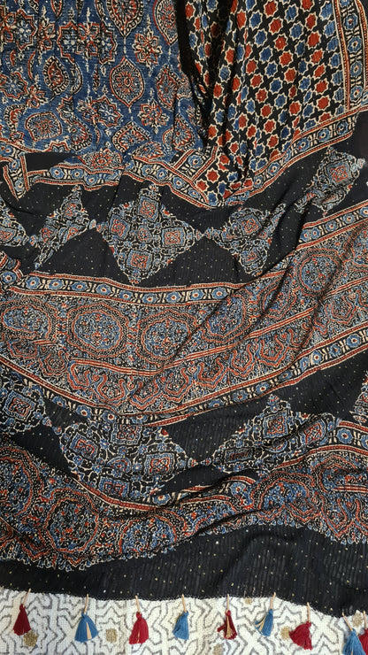 Zynah Black Color Pure Georgette Sequence Work Saree with Ajrakh Handblock Prints; Custom Stitched/Ready-made Blouse, Fall, Petticoat; Shipping available USA, Worldwide