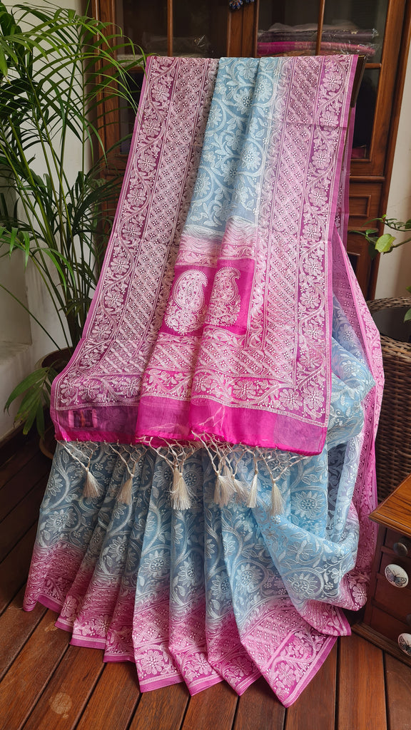 Zynah Baby Blue Color Pure Organza Silk Saree with Floral Jaal Thread Chikankari Embroidery; Custom Stitched/Ready-made Blouse, Fall, Petticoat; Shipping available USA, Worldwide