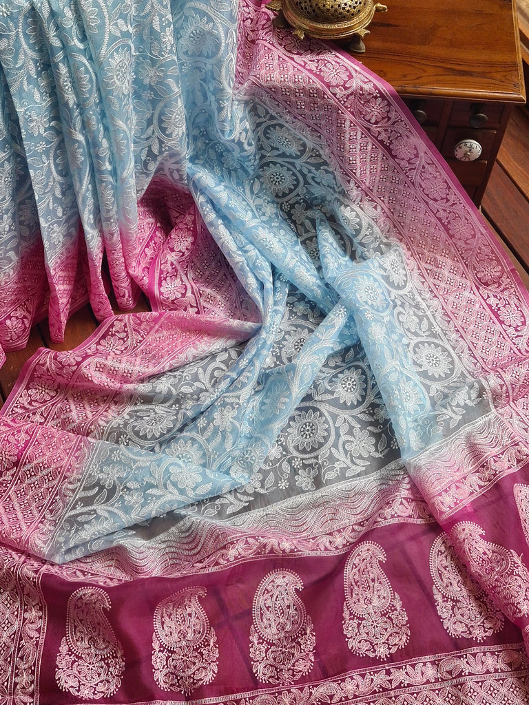 Zynah Baby Blue Color Pure Organza Silk Saree with Floral Jaal Thread Chikankari Embroidery; Custom Stitched/Ready-made Blouse, Fall, Petticoat; Shipping available USA, Worldwide