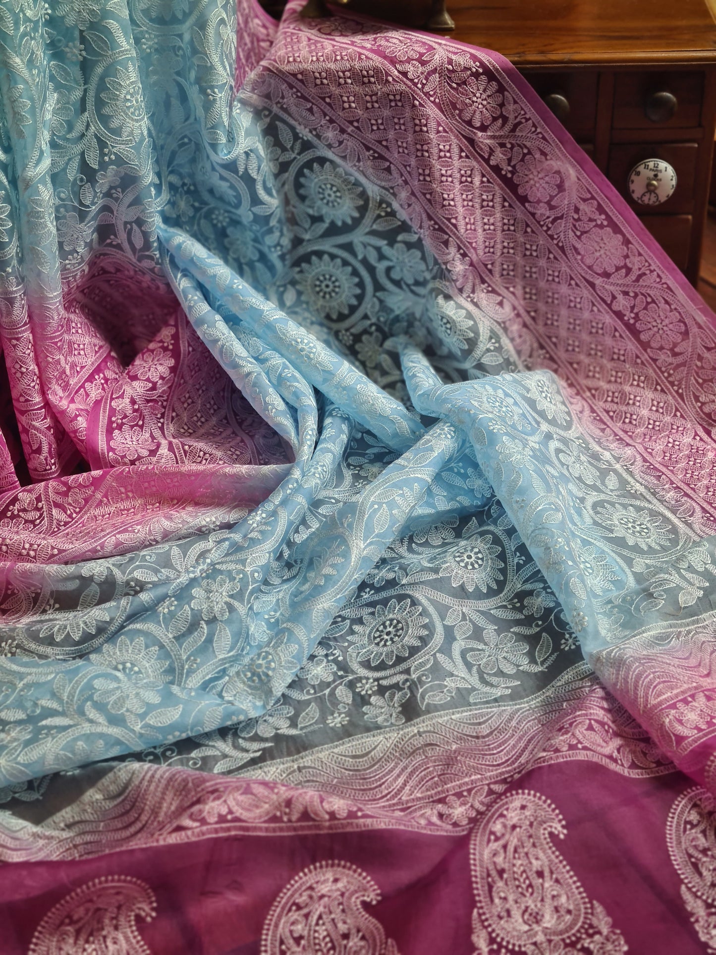 Zynah Baby Blue Color Pure Organza Silk Saree with Floral Jaal Thread Chikankari Embroidery; Custom Stitched/Ready-made Blouse, Fall, Petticoat; Shipping available USA, Worldwide