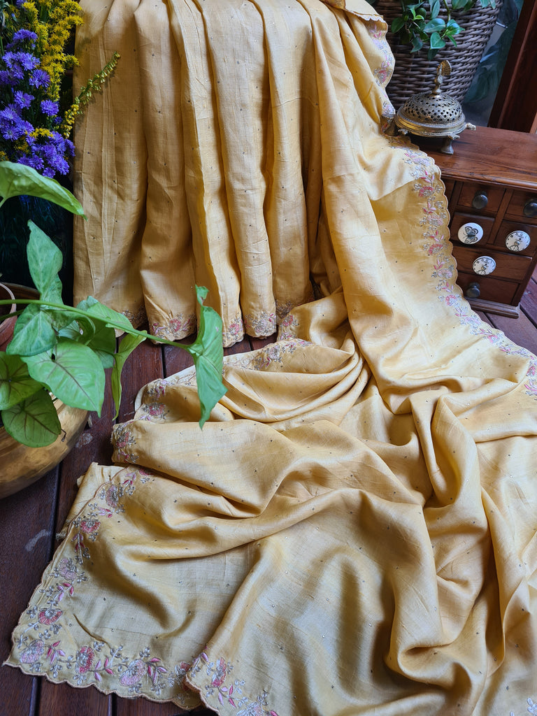 Zynah Yellow Color Handwoven Tussar Silk Saree Embellished with Pitan hand embroidery and Mukaish handwork; Custom Stitched/Ready-made Blouse, Fall, Petticoat; Shipping available USA, Worldwide