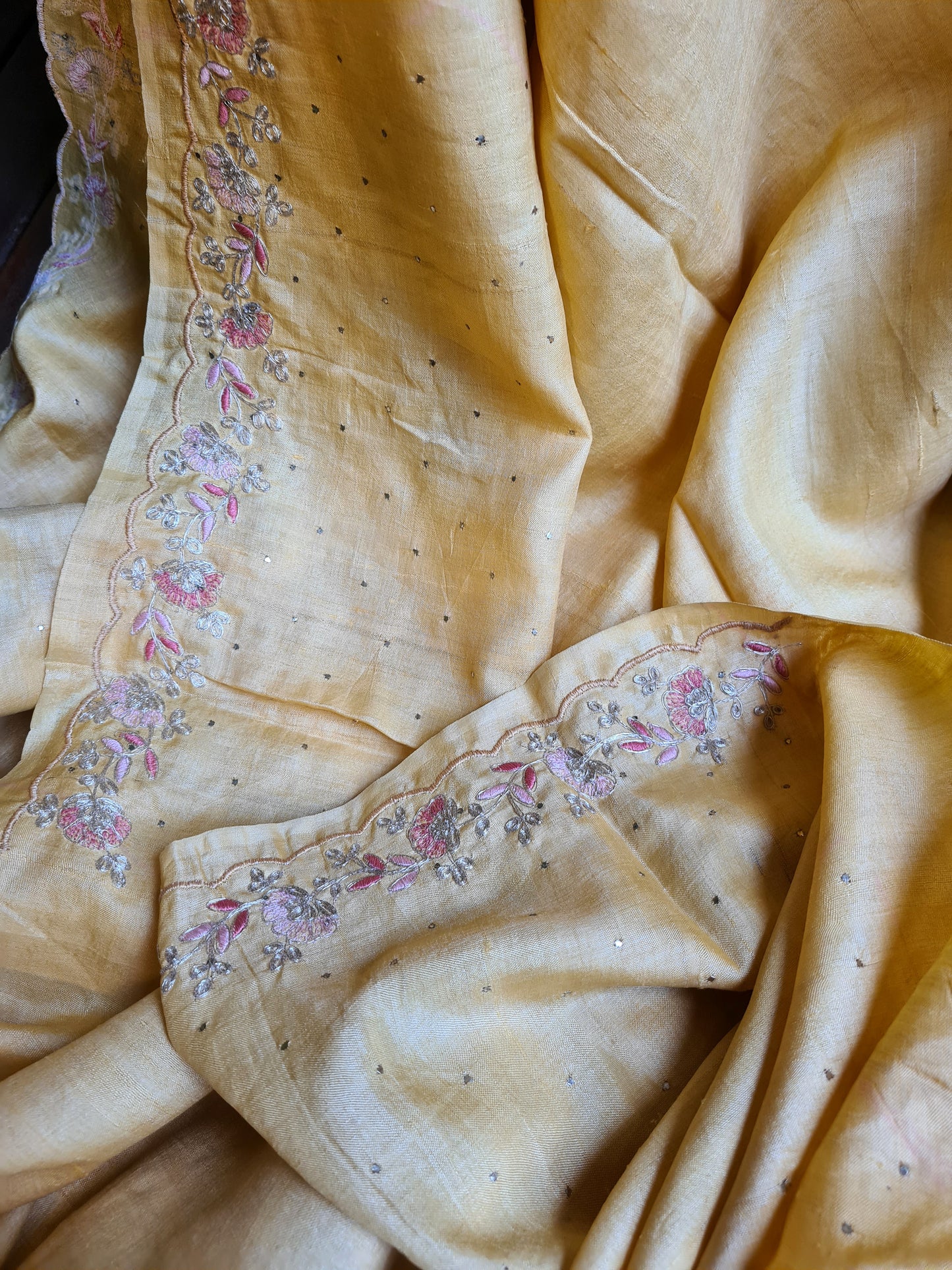 Zynah Yellow Color Handwoven Tussar Silk Saree Embellished with Pitan hand embroidery and Mukaish handwork; Custom Stitched/Ready-made Blouse, Fall, Petticoat; Shipping available USA, Worldwide